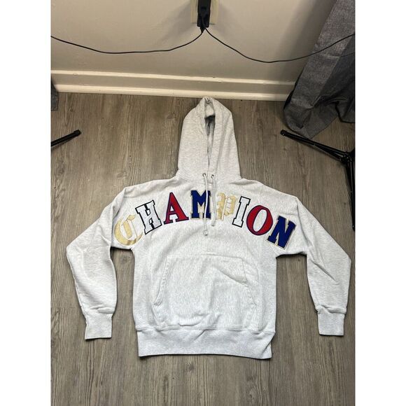 Champion Reverse Weave Hoodie Sweatshirt‎ White Big Logo Spellout Mens Sz S - Picture 1 of 4